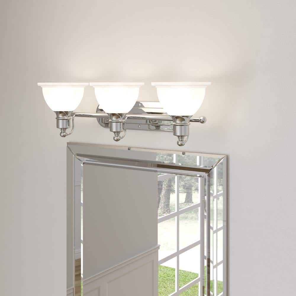 Polished Chrome 3-Light Bath Vanity with Etched Glass Shades