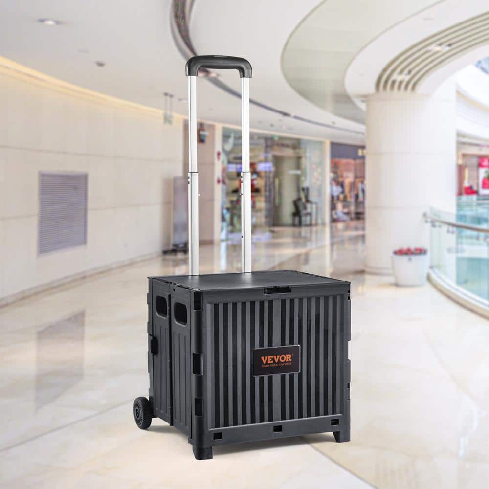 Black Polypropylene Folding Portable Rolling Handcart with Telescoping Handle