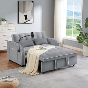68.2 in. W Gray Velve Fabric Twin Size 2-Seats Convertible Sofa Bed