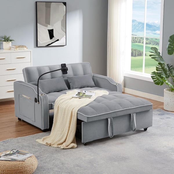 J&E Home 68.2 in. W Gray Velve Fabric Twin Size 2-Seats Convertible Sofa Bed