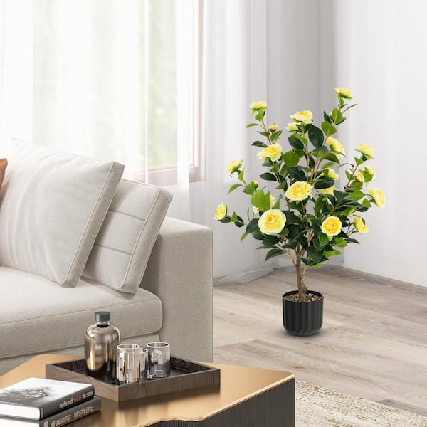 Mecale 3 ft. Yellow Artificial Camellia Tree Topiary Faux Floral