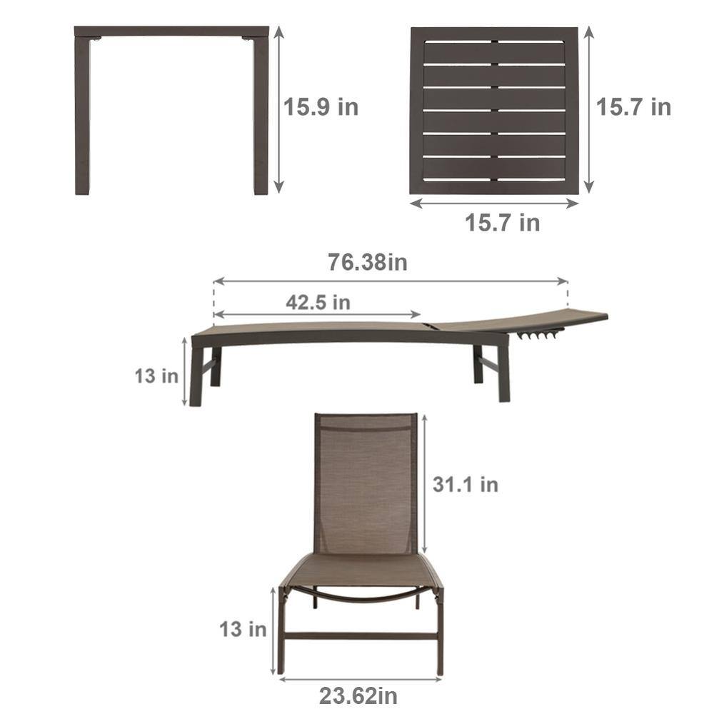Ergonomic Outdoor Aluminum Lounge Set with Adjustable Chairs & Side Table - Brown