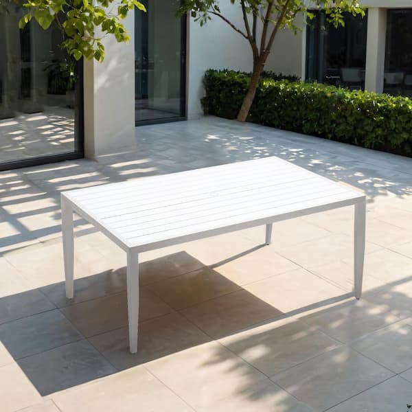 Daheat 40 in. x 70 in. Patio Aluminum Rectangle Dining Table with Tapered Feet, 2-Tone Tabletop and Umbrella Hole in White