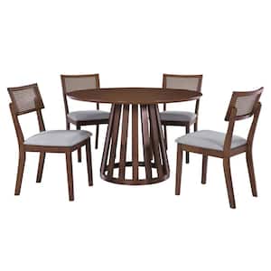 5-Piece Round Walnut Wood Dining Set with 4-Linen Upholstered Chairs, Hollowed-out Woven Rattan Design