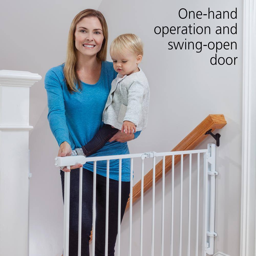Condition photo showing As Is for safety 1st ready to install 28 in. top of stairs child safety gate in white