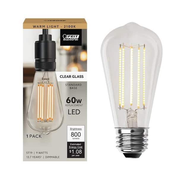60-Watt Equivalent ST19 Dimmable Straight Filament Amber Glass E26 Vintage Edison LED Light Bulb, Warm White 2100K
