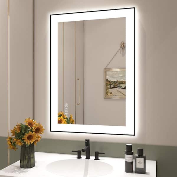 Hpeytaire 20 in. W x 28 in. H Rectangular Aluminum Framed Backlit and Front Light LED Wall Bathroom Vanity Mirror in Black