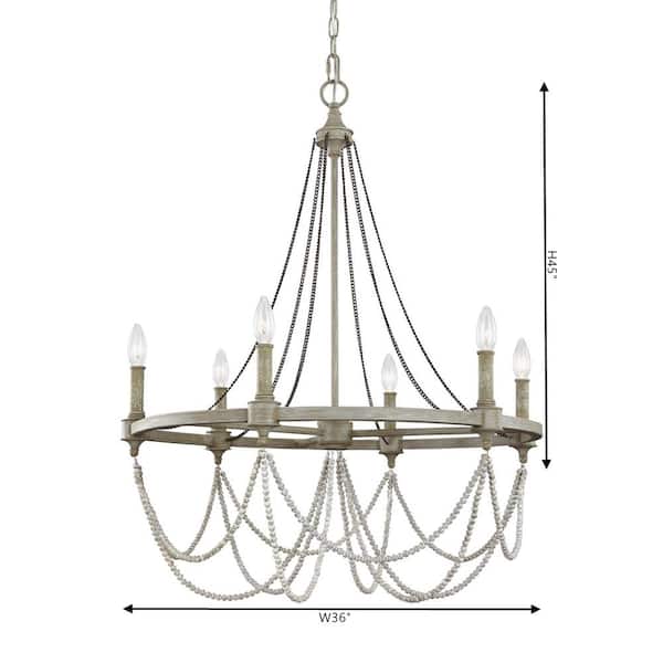 Feiss Beverly 6 Light French Washed Oak, White Wood Wagon Wheel Chandelier