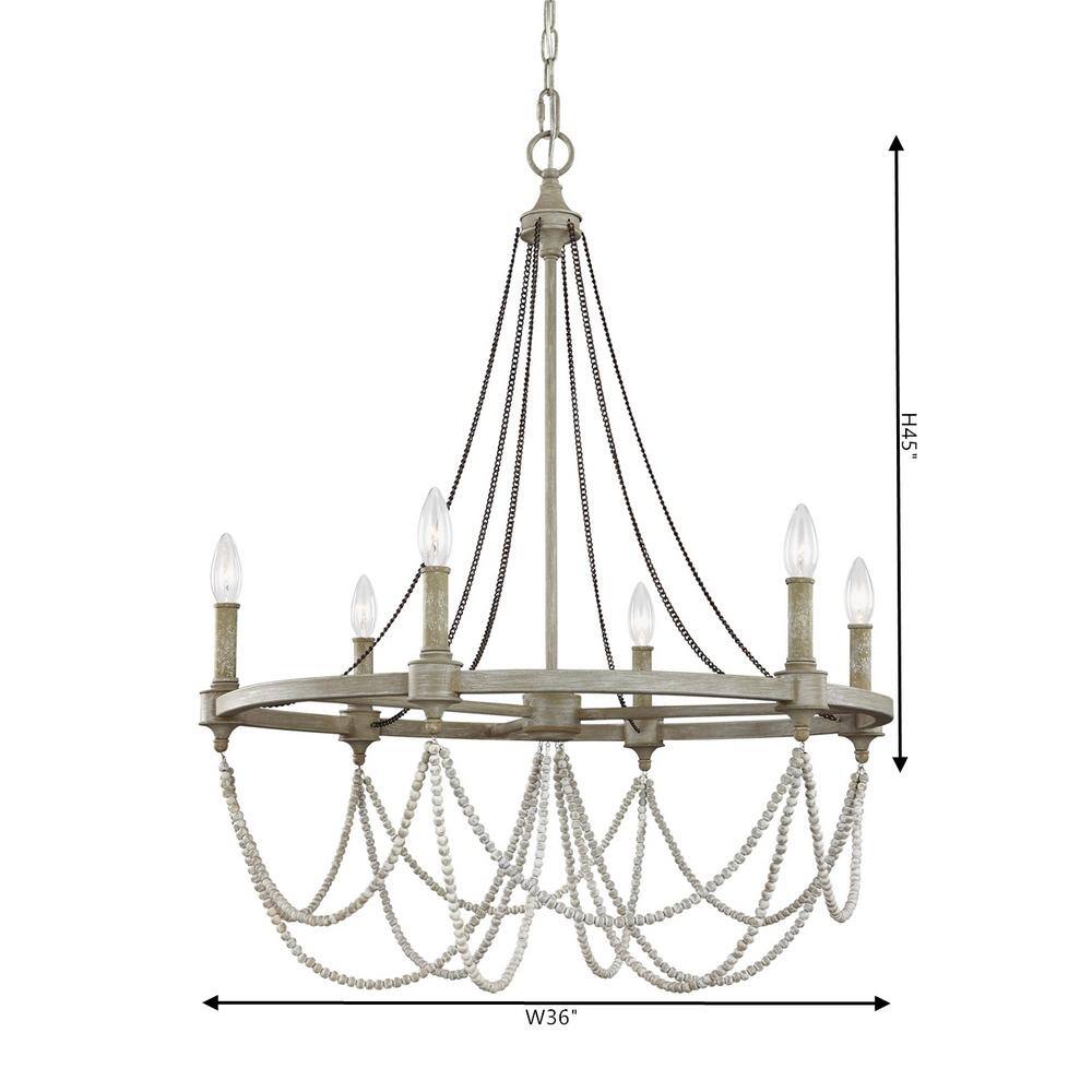 Beverly 28" French Washed Oak & Distressed White 6-Light Chandelier