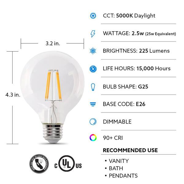 Feit Electric 25-Watt Equivalent A15 Dimmable CEC 90+ CRI White Glass LED Refrigerator Appliances Light Bulb, Daylight 5000K (6-pack)