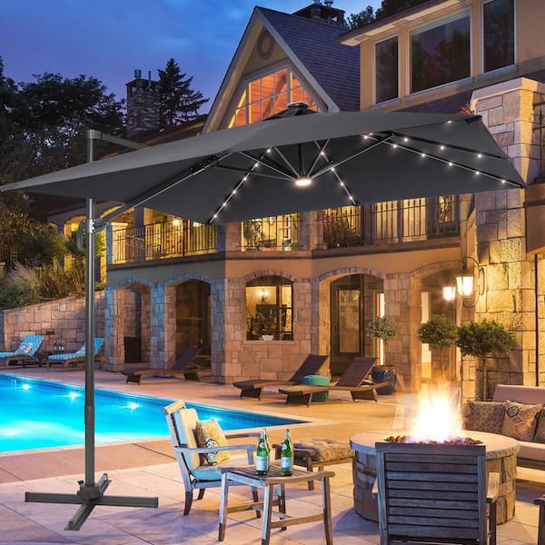 JOYESERY 10 ft. x 8 ft. Outdoor Rectangular Cantilever LED Patio Umbrella 240 g Solution-Dyed Fabric Aluminum Frame Anthracite