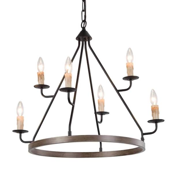 Unbranded Farmhouse 6-Light Black Round Candle Tiered Chandelier for Living Room and No Bulb Included