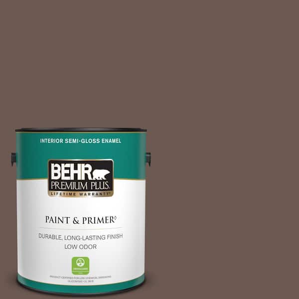 BEHR PREMIUM PLUS 1 gal. #N180-7 Oiled Teak Semi-Gloss Enamel Low Odor Interior Paint & Primer