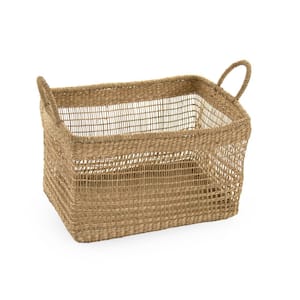 Rectangular Handmade Wicker Seagrass Woven Over Metal Large Baskets with Handles