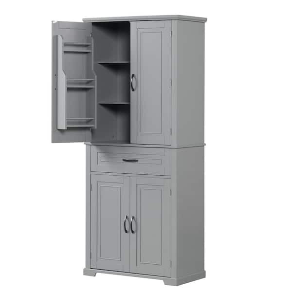 30 in. W x 15.7 in. D x 72 in. H Gray MDF Freestanding Linen Cabinet 4-Doors, Adjustable Shelf