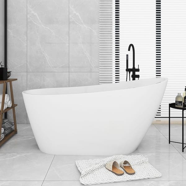 59 in. x 31 in. Acrylic Freestanding Soaking Bathtub with Chrome Drain in Glossy White