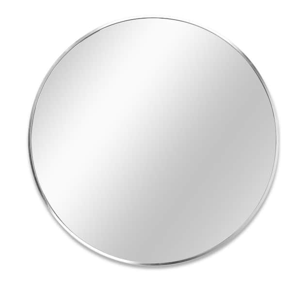 V3 32 in. W x 32 in. H Large Round Aluminum Framed Wall Bathroom Vanity Mirror in Brushed Silver