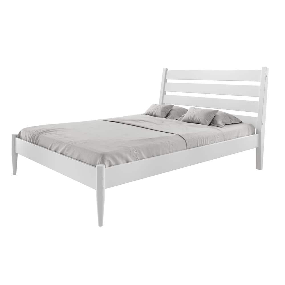 White Pine Wood Queen Platform Bed with Upholstered Headboard