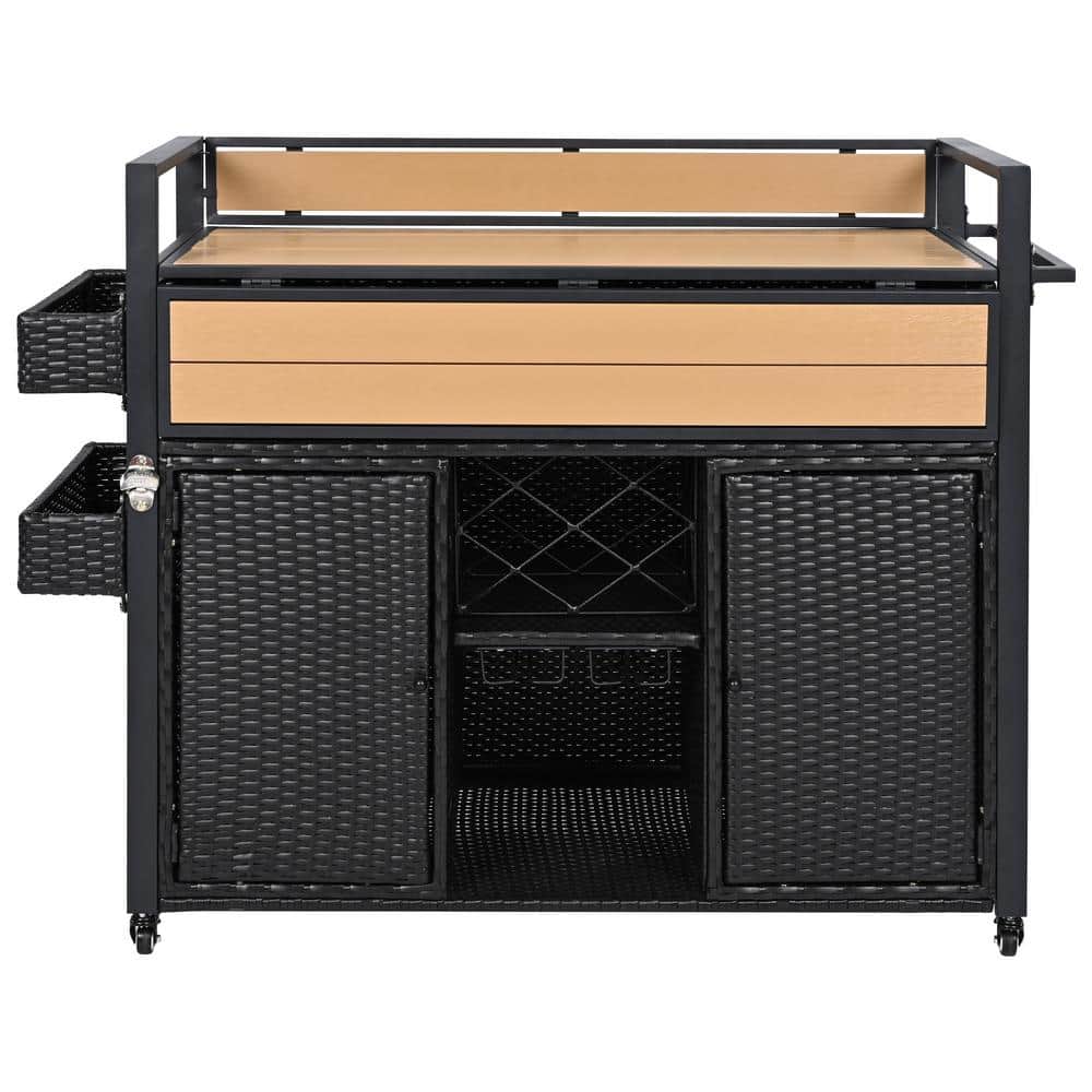 Moveable Black Brown Wicker Outdoor Grill Cart with Extended Plastic Wood Table Top, Double Handle Design price history on PriceWatchPro