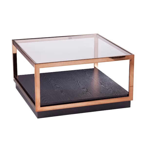 Southern Enterprises Kreesa 33 in. Clear/Champagne/Black Medium Square Glass Coffee Table with Shelf