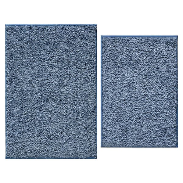 Ottomanson Mirage Collection Non-Slip Rubberback Solid Soft Bathroom Bath Mat Set, 2 Piece - 16" x 24"/20" x 30", Blue
