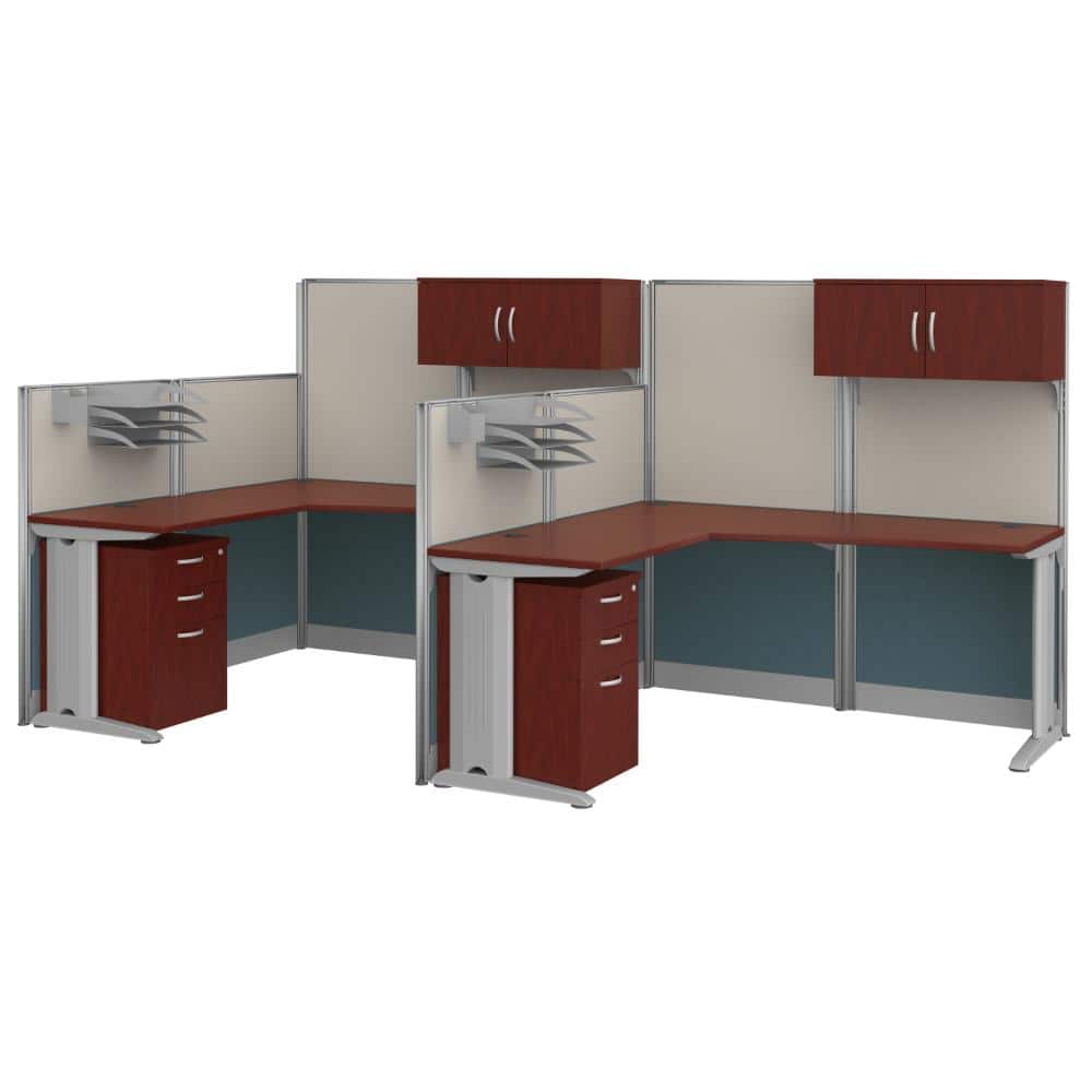 Instant Office 63"H x 129"W 2 Person F-Shaped Cubicle Panel Workstation w/ Storage, Hansen Cherry