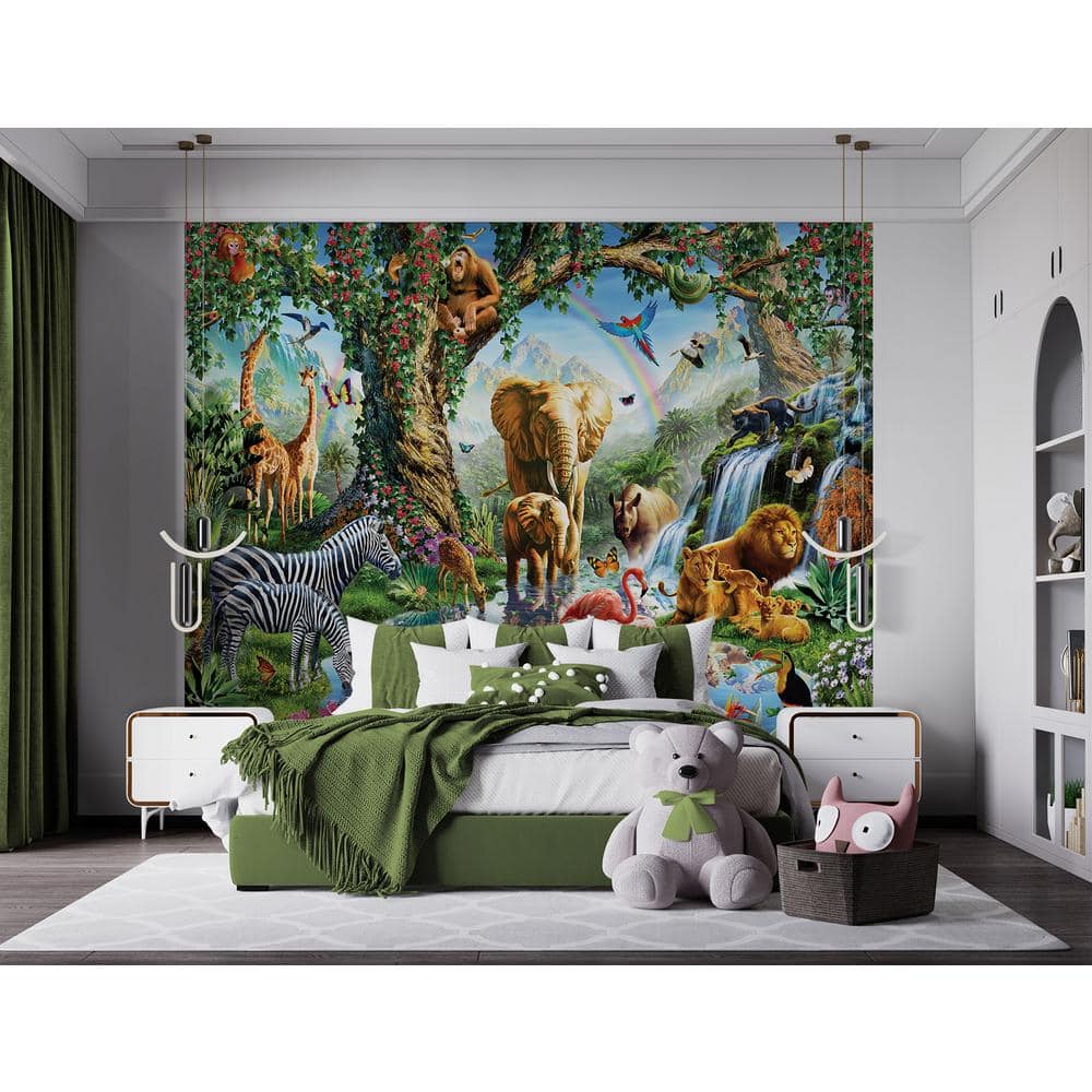 Vibrant Jungle Lake Safari Animals Wall Mural