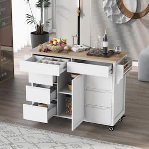 White Rubber Wood 53.1 in. Kitchen Island with 8-Drawers, 1 Door Cabinet and Towel Rack