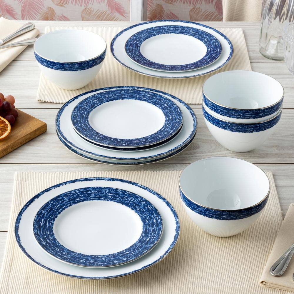 Blue and White Porcelain Salad Plates with Metallic Band, Set of 4
