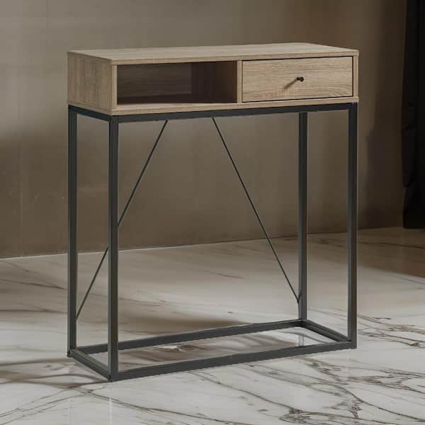 Benjara 11.5 in. Taupe and Black Rectangle Metal Console Table with 1 Cubby Shelf and 1-Drawer