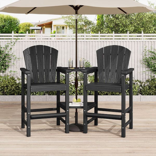 JEAREY Black HDPE Outdoor Weather-Resistant Bistro Set Bar Stool with Double-Layer Tray and Umbrella Hole (2-Pack)