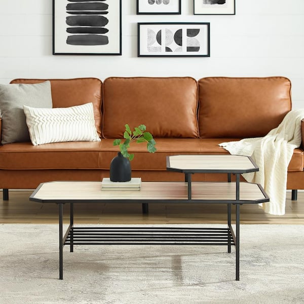 Walker Edison Furniture Company 44 in. Birch Wood and Metal Tiered Coffee Table with Chamfered Corners