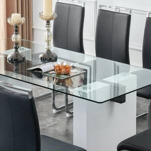 70.79 in. Modern White Rectangular Glass Table MDF Pedestal Dining Table Seats 6