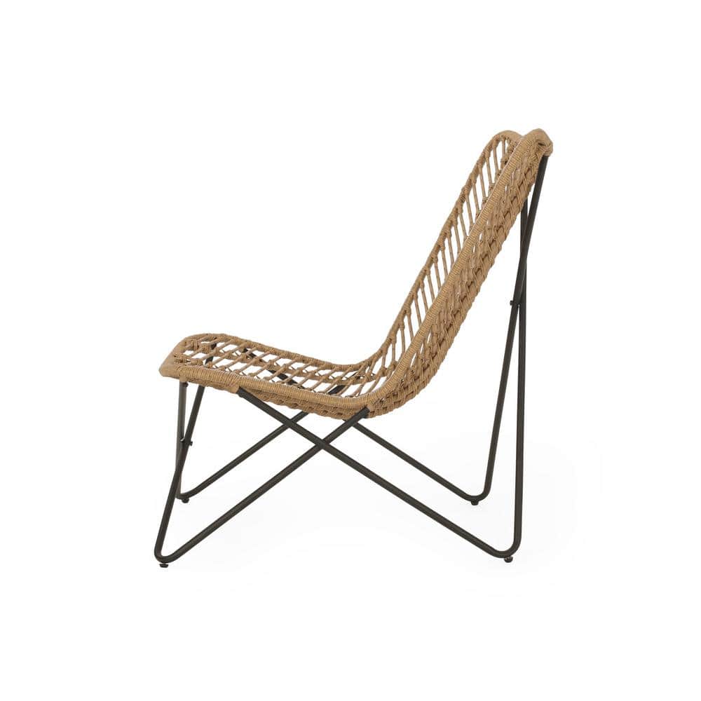 Light Brown and Black Wicker Bohemian Armchair Set with Iron Legs