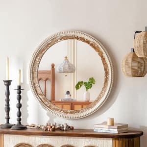 27 in. W x 27 in. H Round Beaded Framed Floating Wall Bathroom Vanity Mirror in Antique White