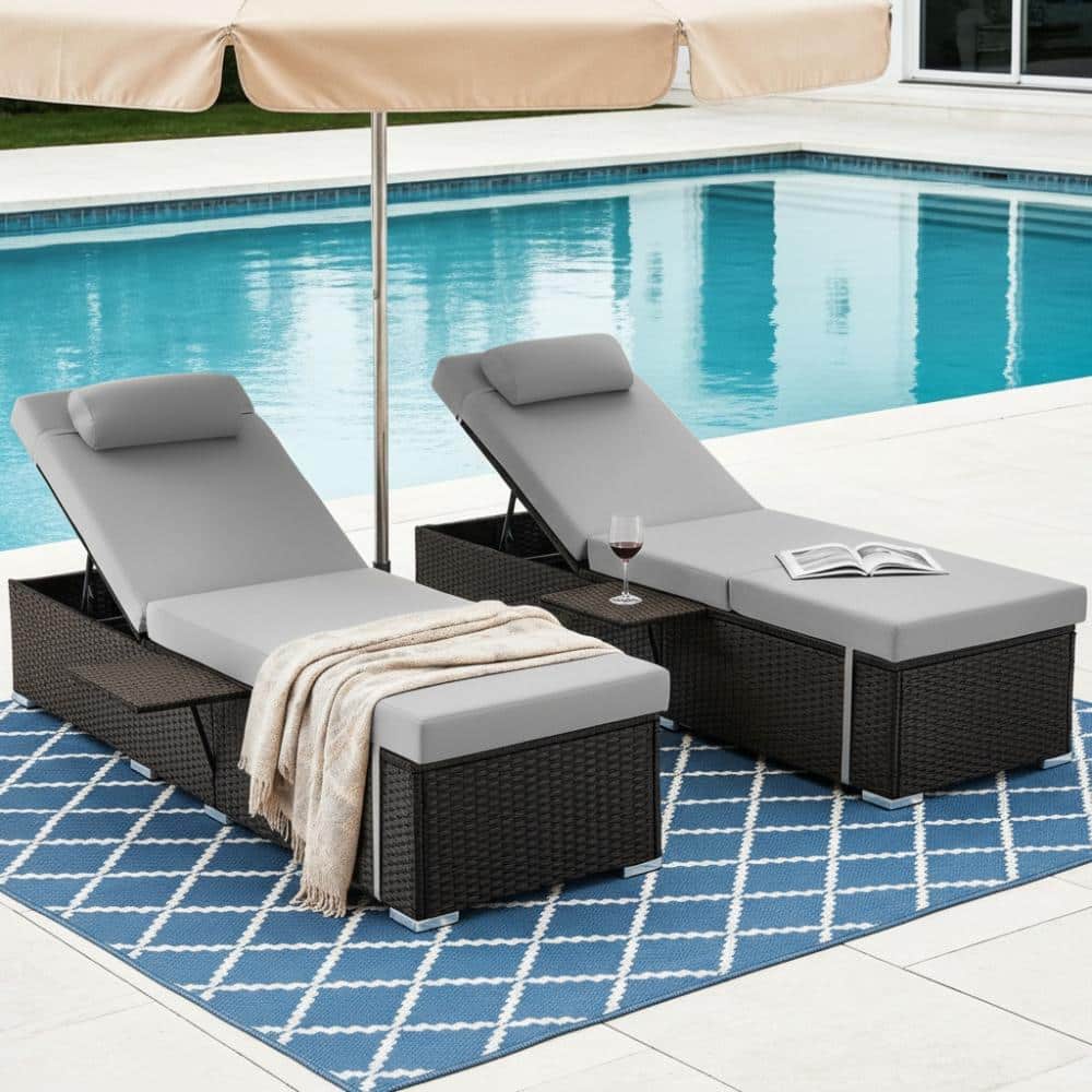 Outdoor Gray Wicker Lounge Chair with Adjustable Back and Side Tray for Patio, Poolside (Set of 2) price history on PriceWatchPro