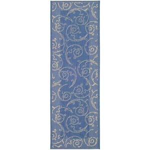 Courtyard Blue/Natural 2 ft. x 10 ft. Border Indoor/Outdoor Patio  Runner Rug