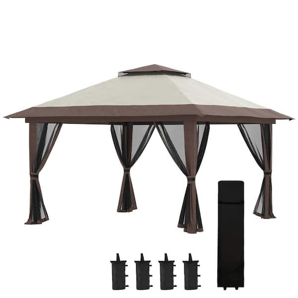 Huluwat 13 ft. x 13 ft. Beige Pop Up Height Adjustable Canopy Tent with Netting, Wheeled Carry Bag and 4 Sandbags