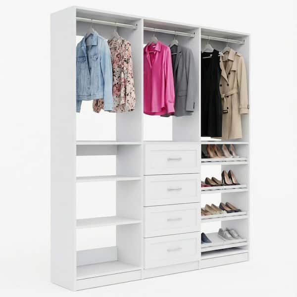 Alto Collection 58.5 in. W White Wall Mounted Shaker Hang Shelves, 4-Drawer Hang, Hang Shoe Shelves Wood Closet System