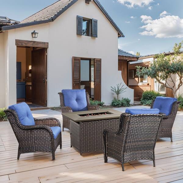 Pocassy 5-Piece Brown Wicker Patio Chairs for 4 with Gas Propane Fire Pit Table Sets Blue Cushions