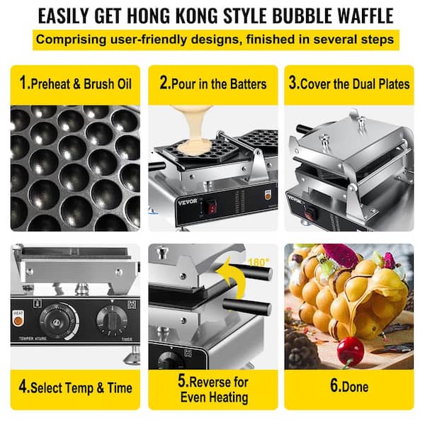 VEVOR Commercial Bubble Waffle Maker Electric Egg Waffle Cone Hong Kong Egg  Puff Maker 1500W Egg Waffle Maker, 122-572℉ DZHT-1106110VDMFHV1 - The Home  Depot