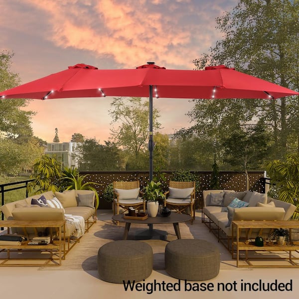 15 ft. x 9 ft. LED Outdoor Double-Sided Umbrella Market Patio Umbrella in Chili Red
