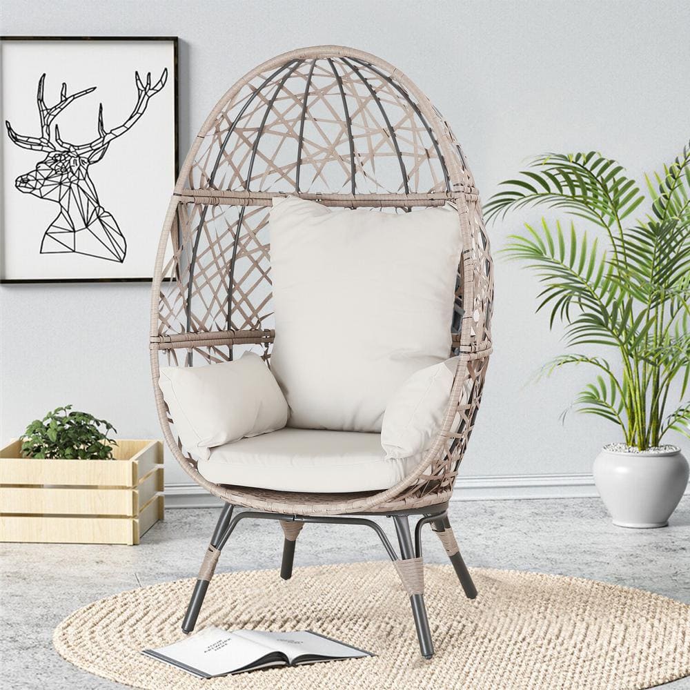 Beige Wicker Teardrop Egg Chair with Cushions and Steel Frame