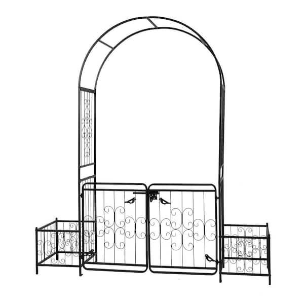 7.2 ft. Black Iron Garden Arch Arbor with Arched Top Gate, 16mm Tubes, Planter Boxes Outdoor Pergola for Climbing Plants