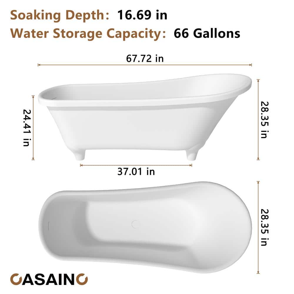 67.72" White Solid Surface Freestanding Soaking Bathtub