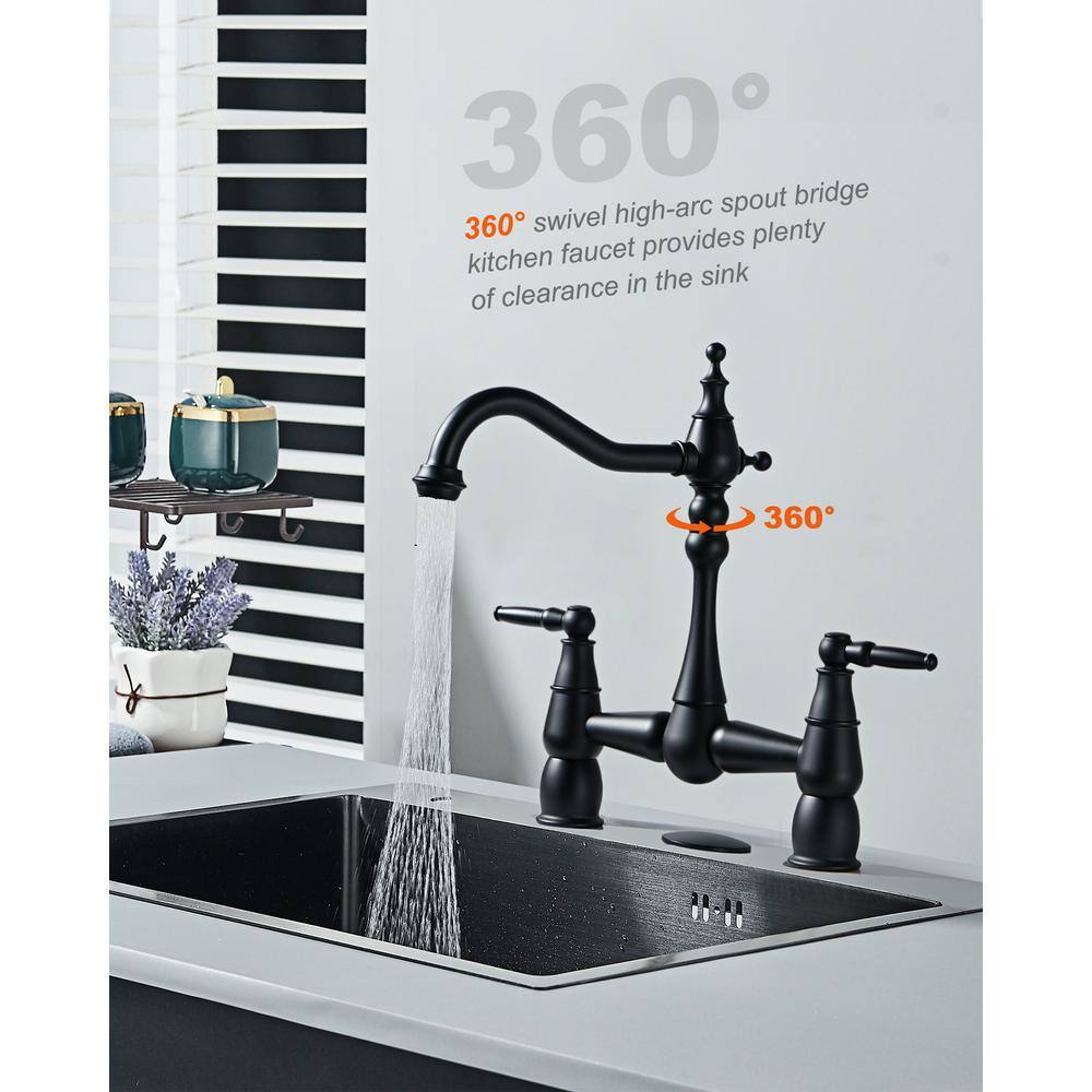 Matte Black Double Handle Bridge Kitchen Faucet with Swivel Spout