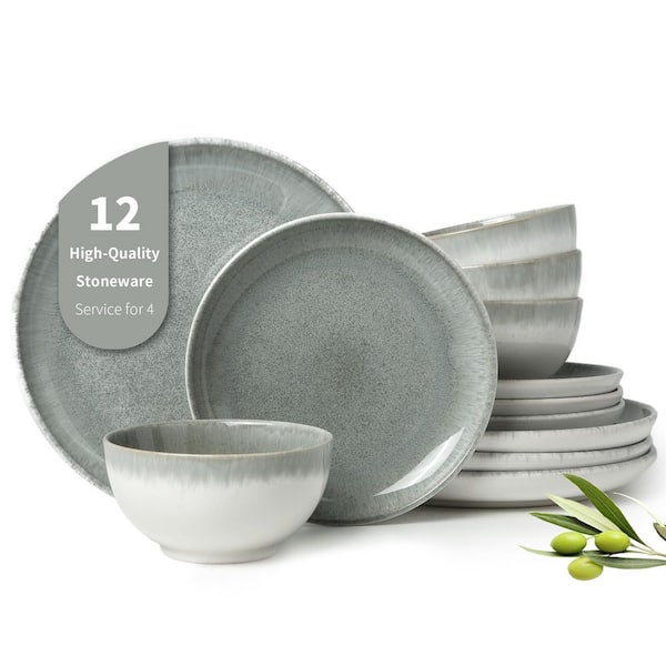 12-Piece Modern Gradient Green Stoneware Dinnerware Set (Service for 4), Reactive Glaze Plates and Bowls Sets