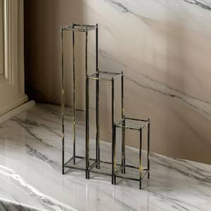 17 in. Black and Gold Square Metal Plant Stand with 2 Tier (Set of 3)