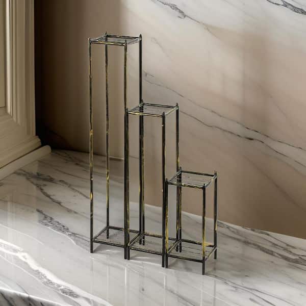 Benjara 17 in. Black and Gold Square Metal Plant Stand with 2 Tier (Set of 3)