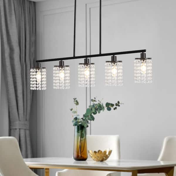LWYTJO 5-Light Modern Black Pendant Light with Crystal Shade for Dining Room Kitchen Living Room